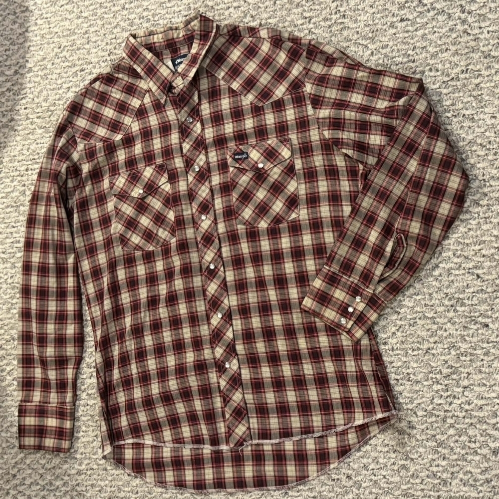 Vintage Wrangler Red Plaid Pearl Snap Button Shirt Chest Pockets Men's Large L